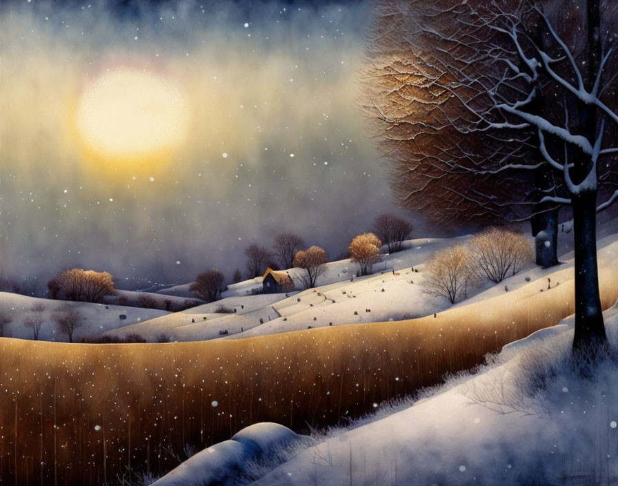 Snow-covered winter landscape with sun, bare trees, house, and starry sky