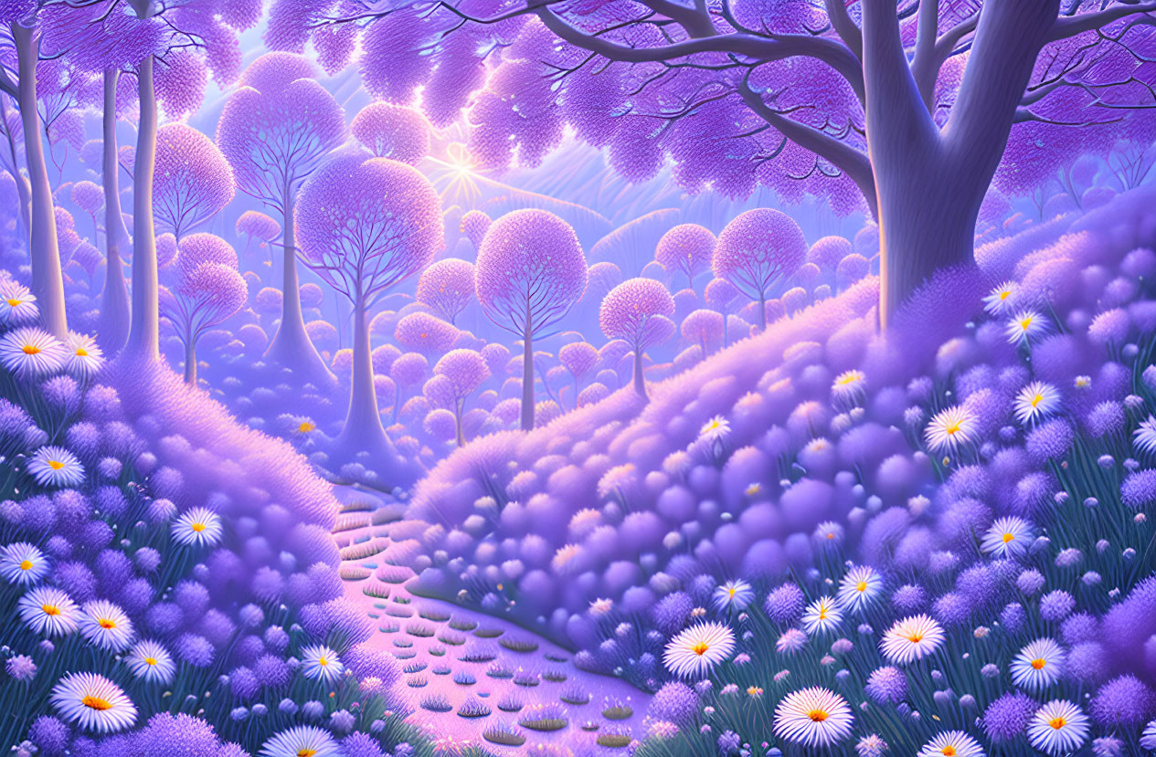 Purple fantasy landscape with blooming trees, sunlit path, and starry sky