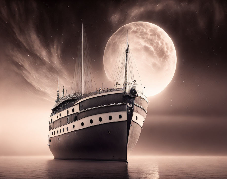 Vintage ship sailing under oversized full moon on calm sea