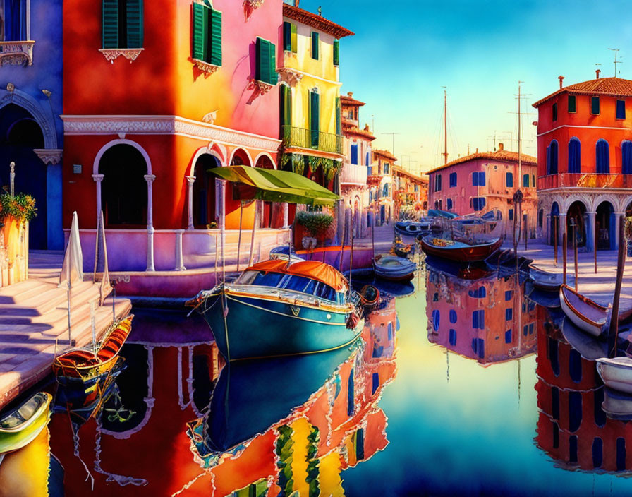 Vibrant buildings beside serene canal with boats and reflections.