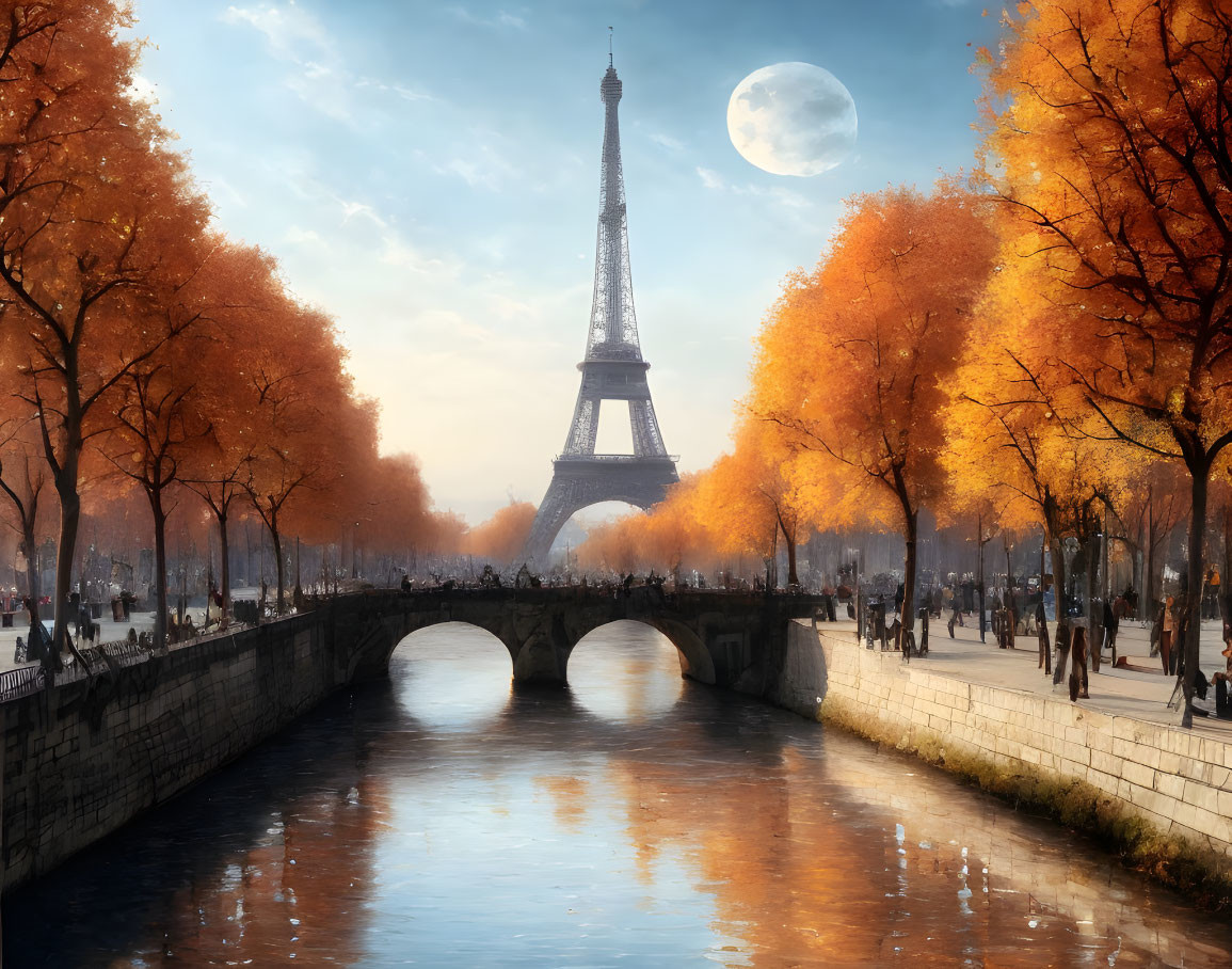 Autumn Eiffel Tower background with stone bridge, golden trees, moonlit sky