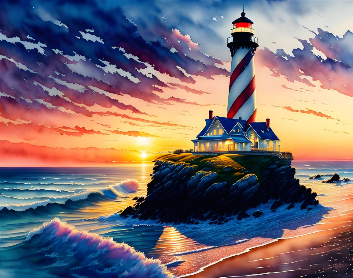 Red and white striped lighthouse on coastal rock at sunset