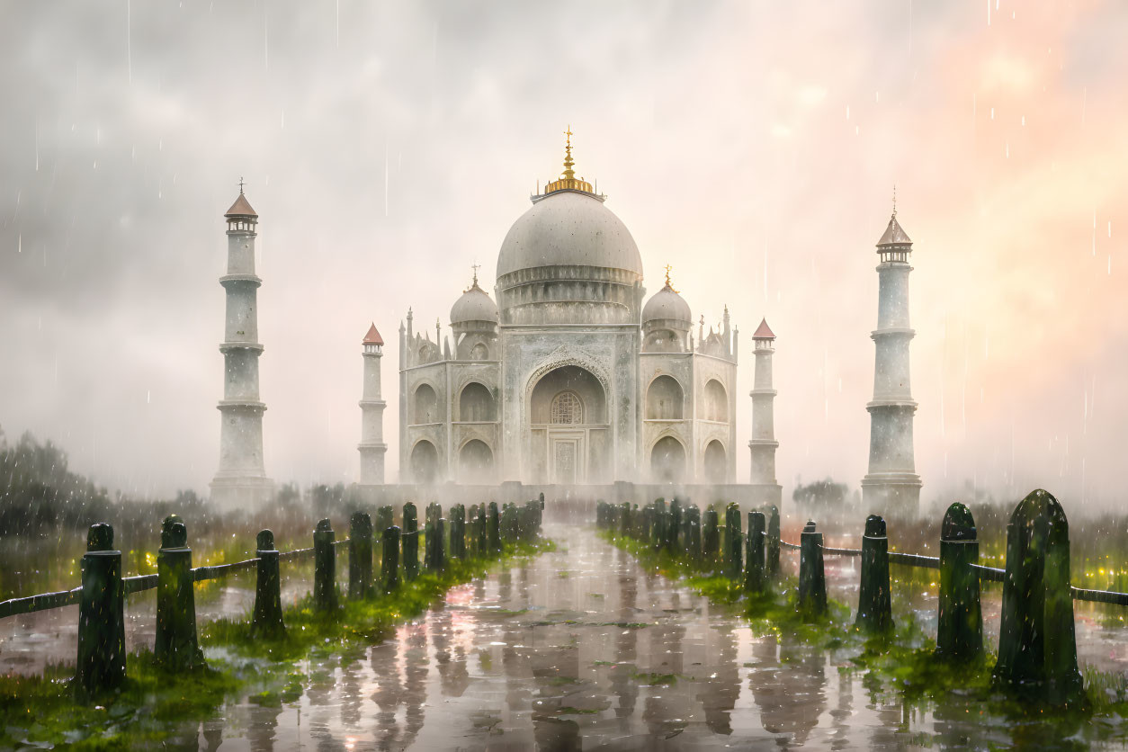 Panoramic view of Taj Mahal in rain shower with overcast skies