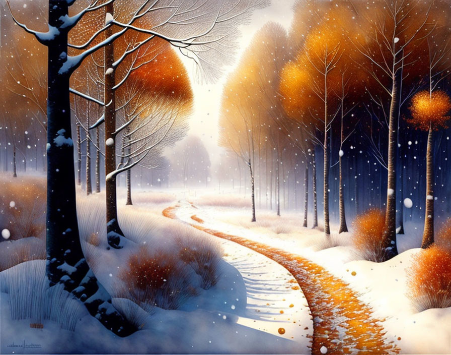 Snowy forest path with autumn trees under soft light