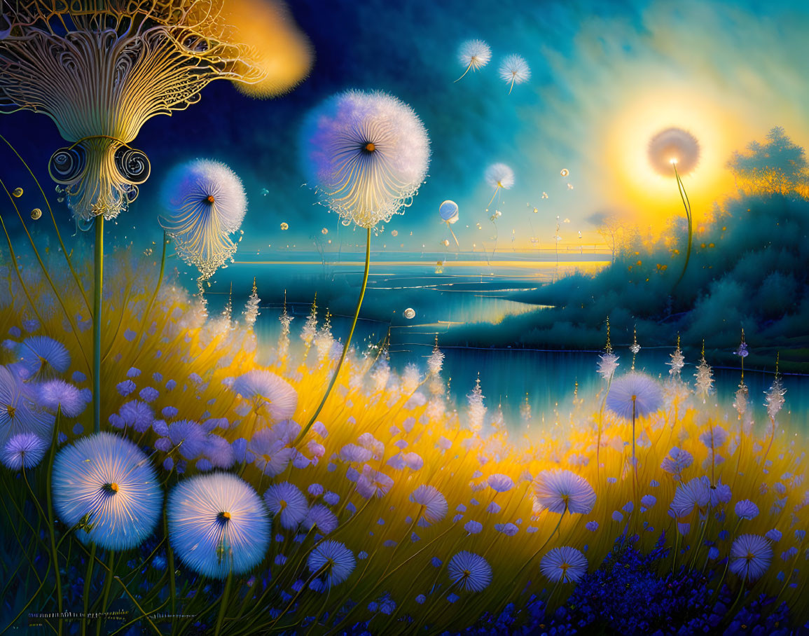 Digital painting of dandelion seeds in magical landscape