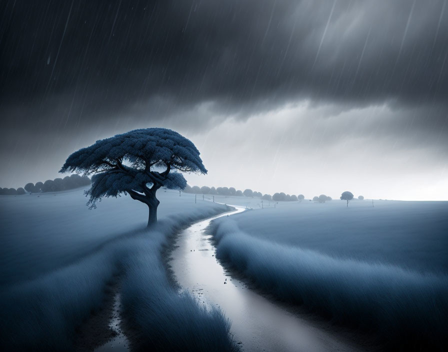 Solitary tree with broad canopy beside curving path under stormy sky