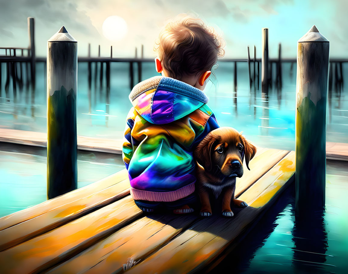 Toddler and puppy on wooden dock at sunset with mooring posts