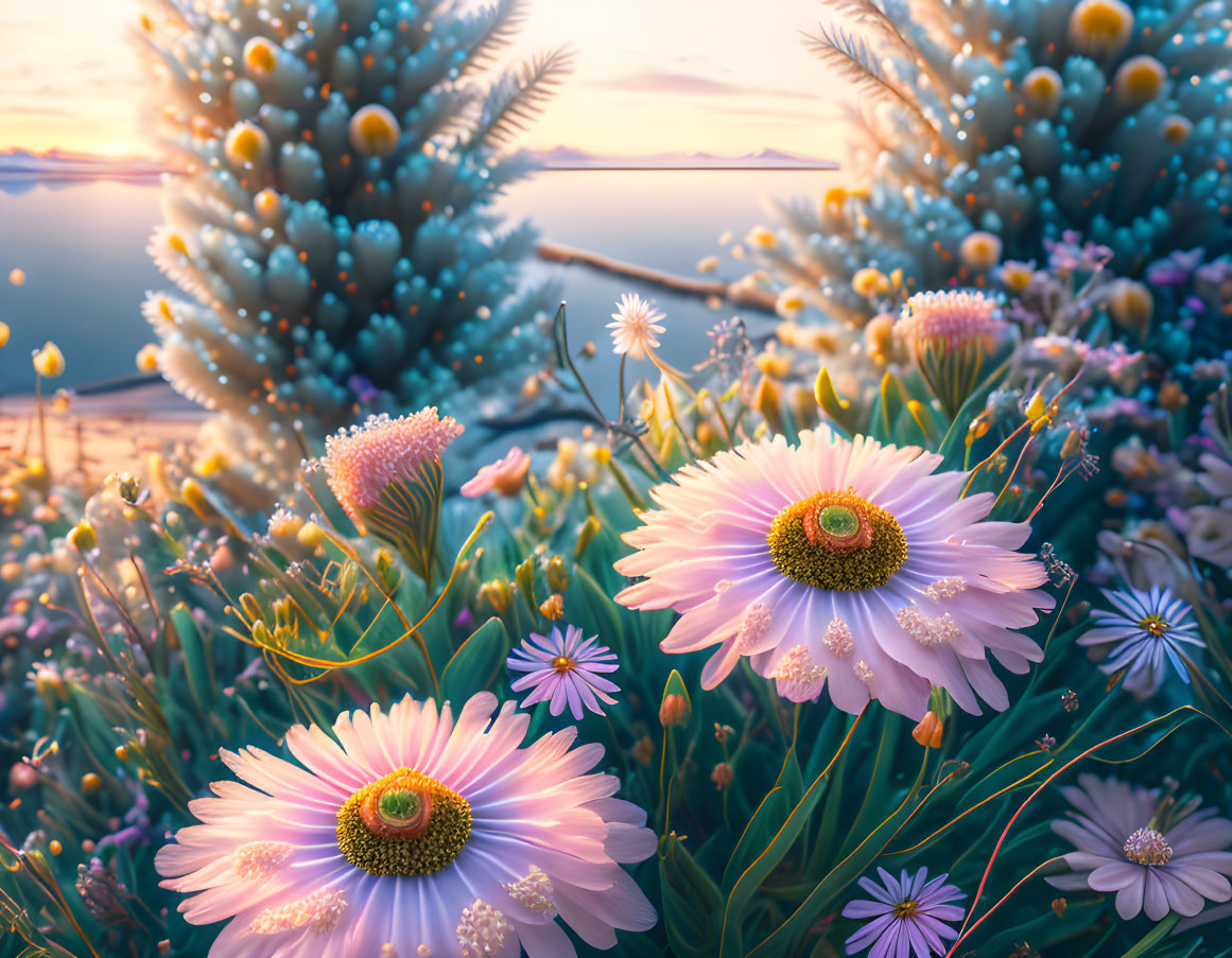 Tranquil landscape with vibrant daisies, fantasy flora, calm sea, pastel sunset