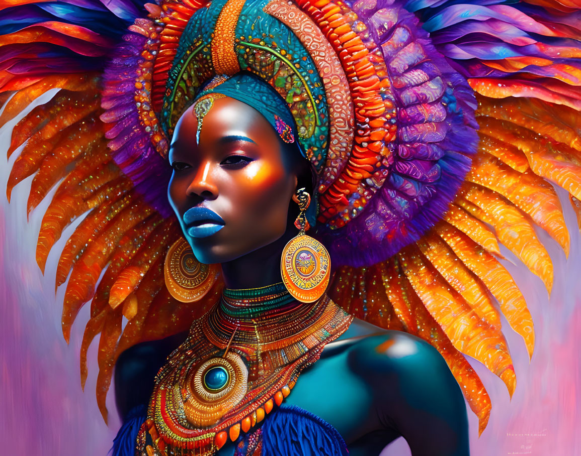 Vibrant illustration of a woman with orange and blue headdress and ornate jewelry