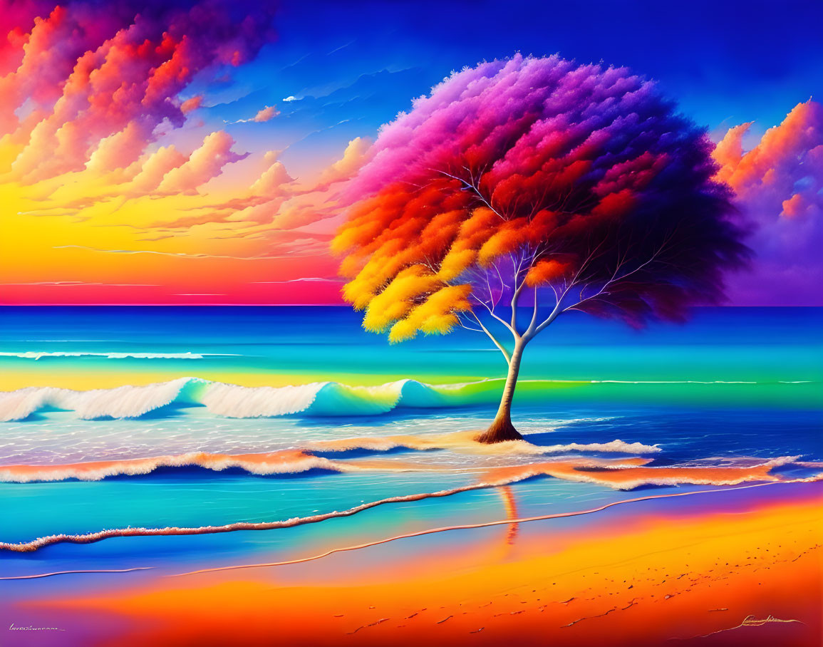 Colorful painting of lone tree on beach with rainbow foliage, blue waves, sunset sky