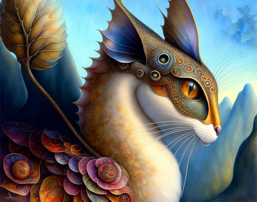 Colorful Cat with Jeweled Wings in Dreamy Background