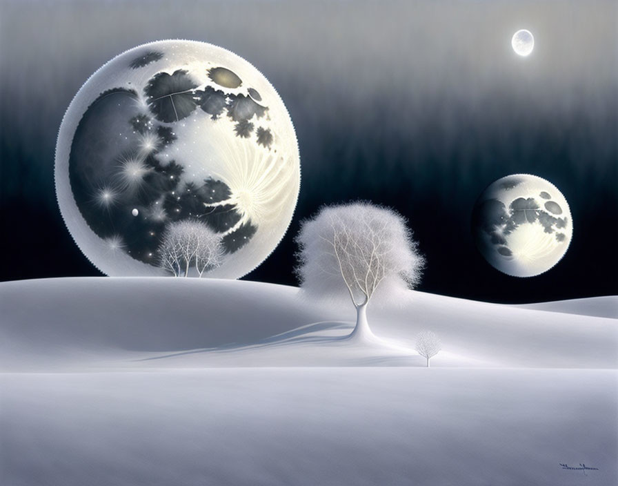 Surreal landscape with two large moons and snow-covered terrain