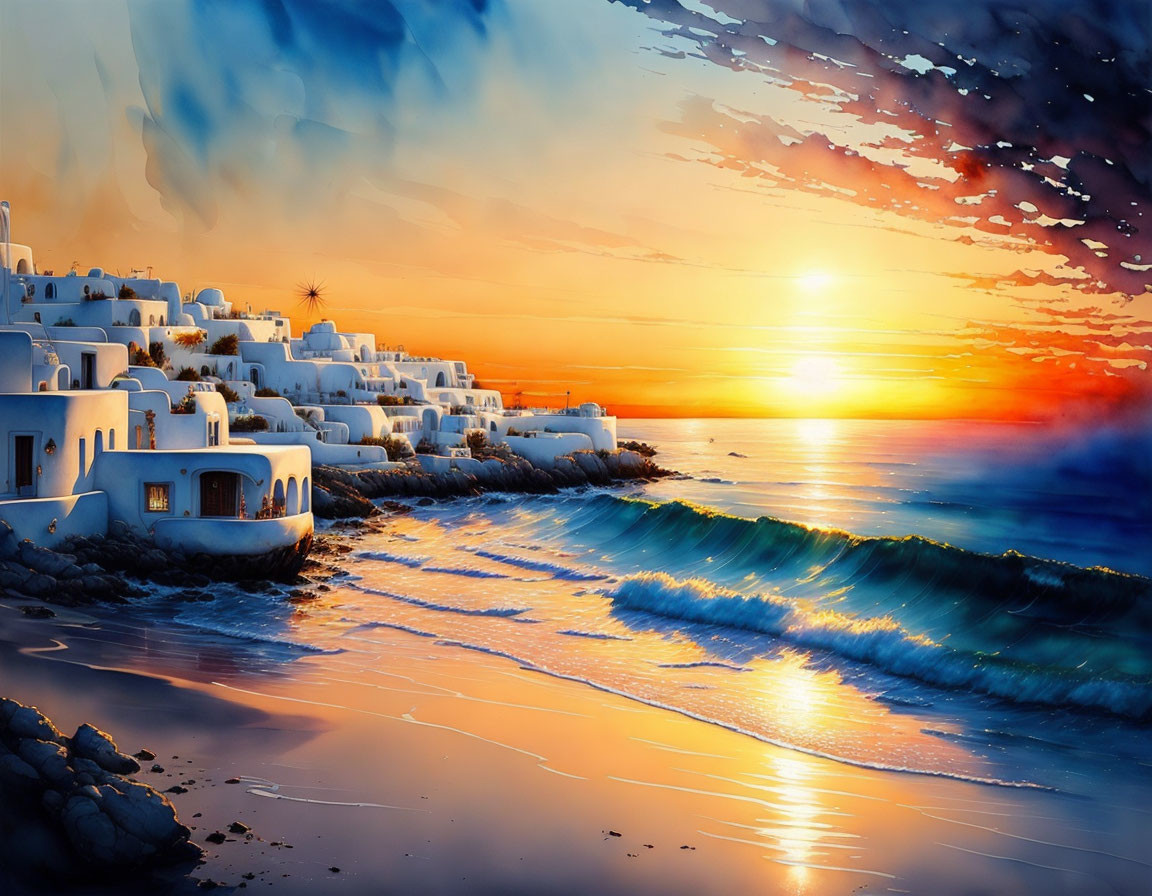 Scenic sunset beach painting with white houses and waves