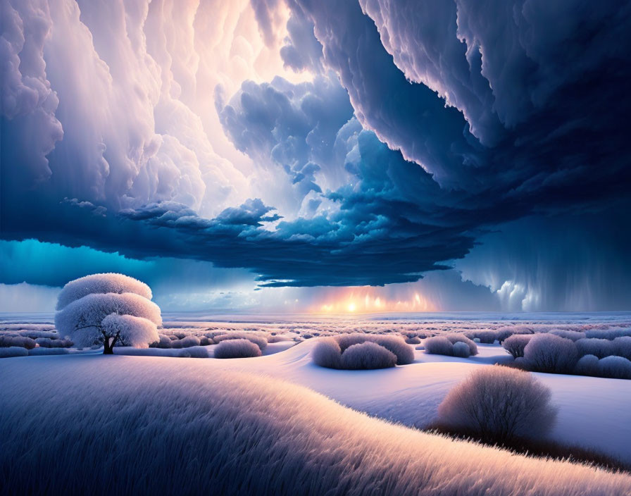 Snow-covered trees and stormy sky in serene winter landscape