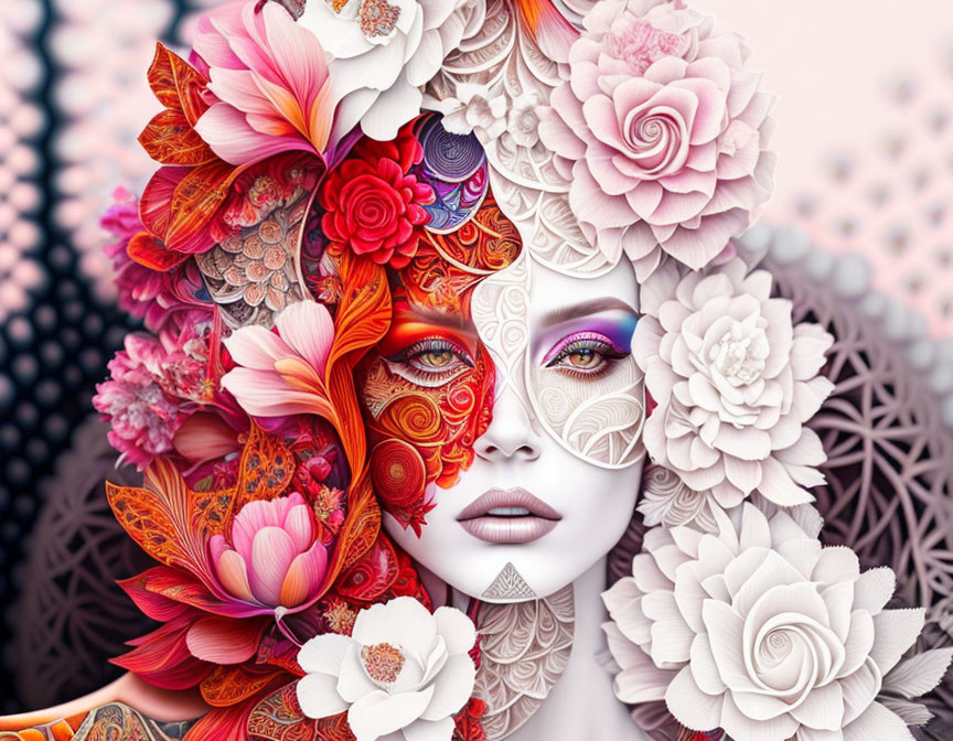 Vibrant digital artwork of woman's face with floral patterns in red-orange and pale colors