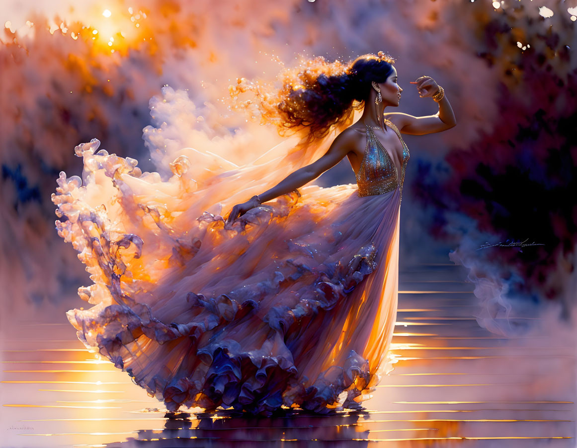 Elegant woman in ornate gown dancing in vivid, dreamy setting