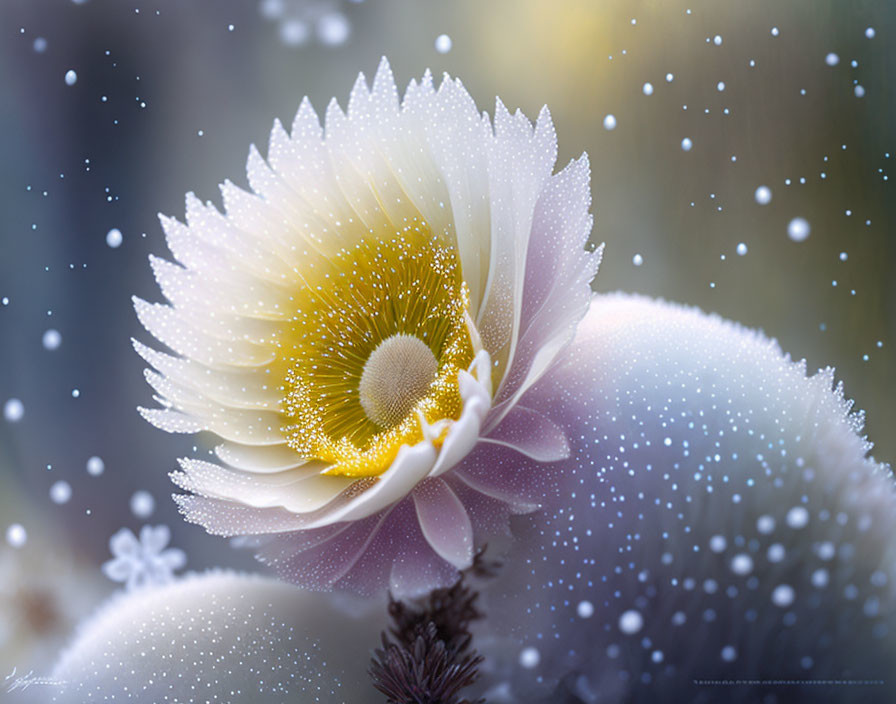 Close-up of dew-covered white flower with yellow center in snowfall