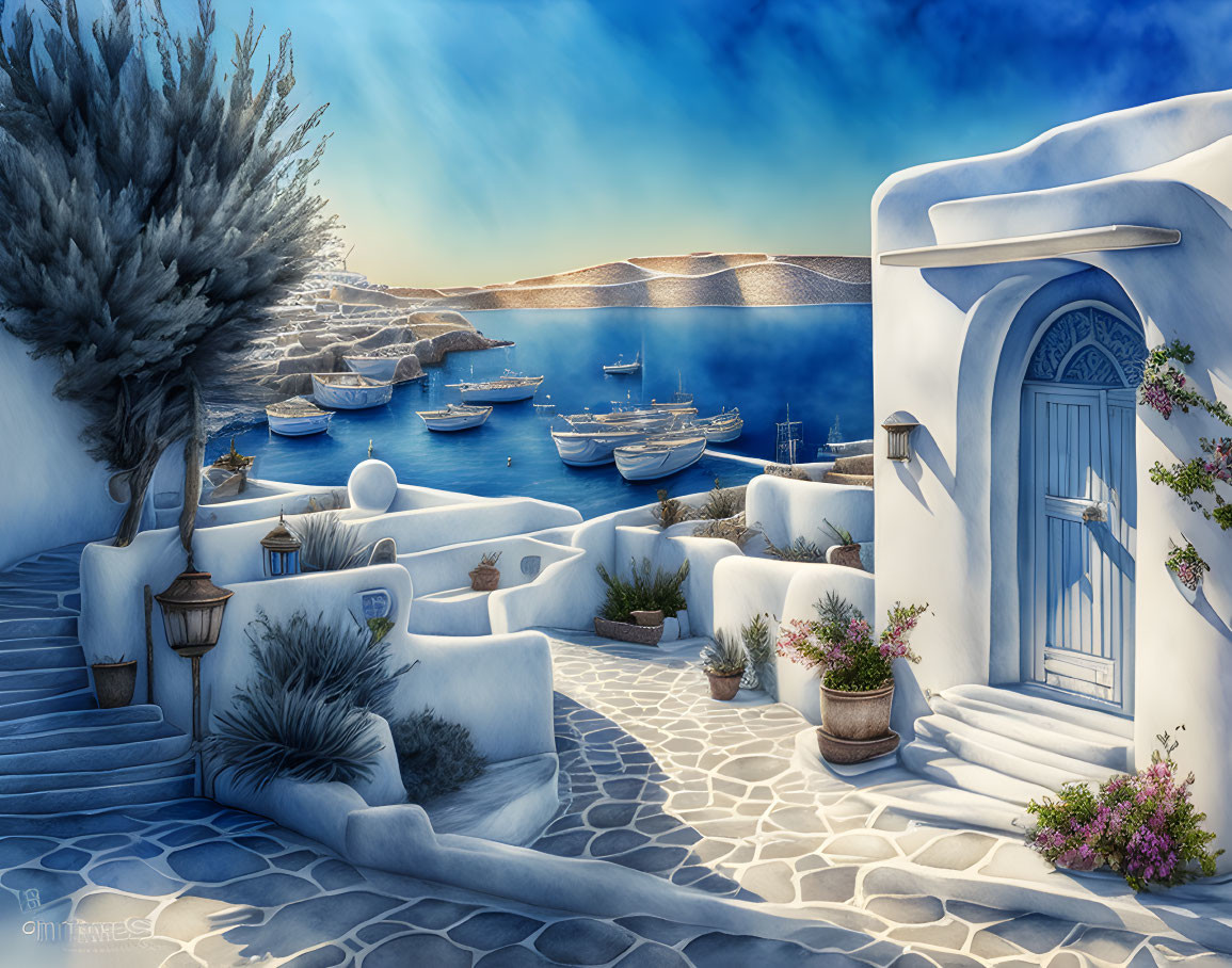 Greek Island Scene: Whitewashed Steps, Blue-Domed Building, Windswept Tree, Flower