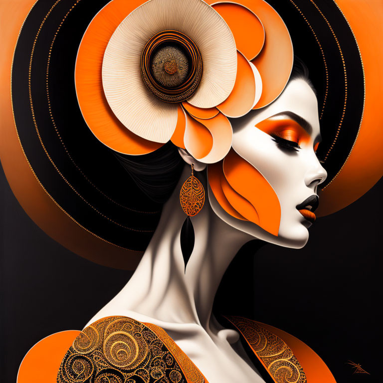 Illustration of woman with orange makeup and circular headpiece in orange, gold, and black.