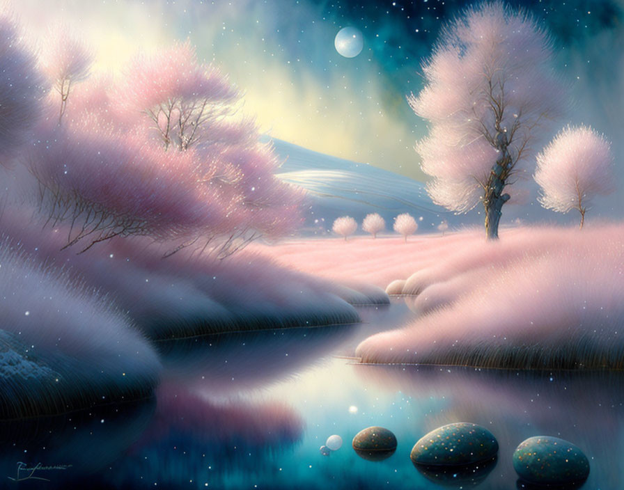 Tranquil Fantasy Landscape with Pink Foliage and Moon