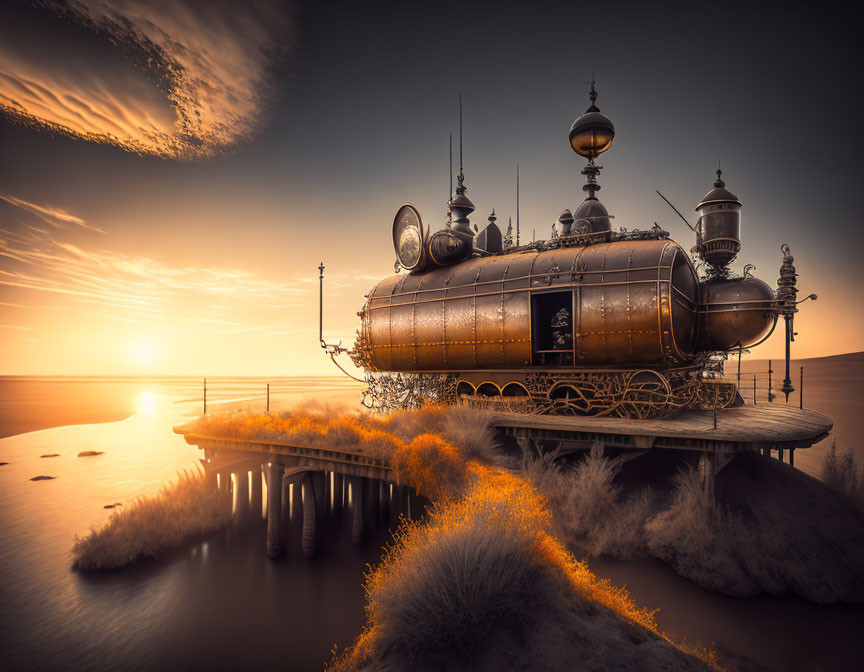 Victorian-style steampunk submarine at sunset pier with vintage aesthetics