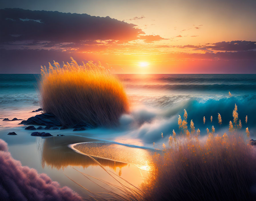 Golden beach sunset: silhouetted grass, crashing waves, serene sky