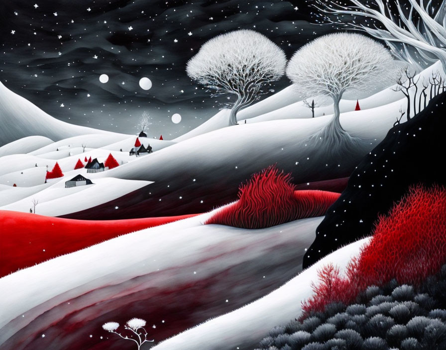 Stylized winter landscape with snowy hills, red paths, scattered houses, white and red trees,