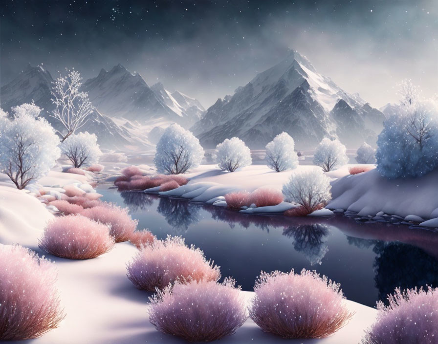 Snow-covered trees, calm river, pink bushes, starry sky - Winter landscape with serene elements