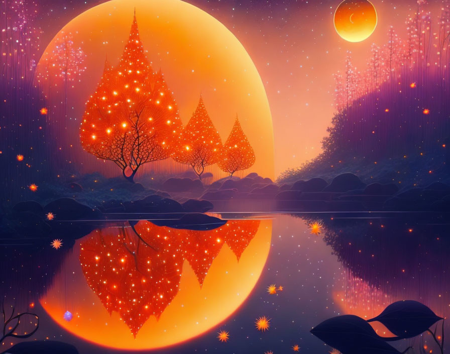 Glowing orange trees in fantasy landscape with moon and starry sky