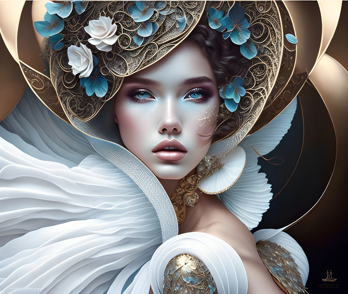 Woman with intricate golden headwear and white flowers in digital artwork