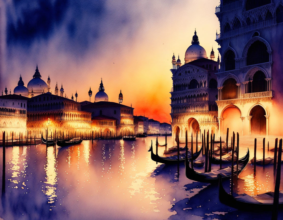 Venice watercolor painting: silhouetted gondolas on tranquil waters at sunset