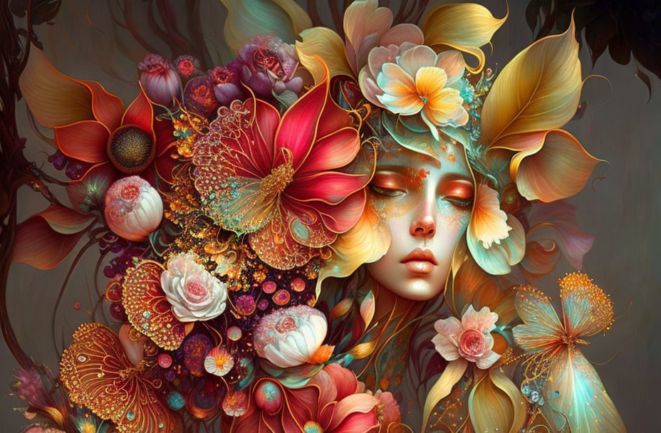 Vibrant surreal portrait of a woman with flora and fauna embellishments