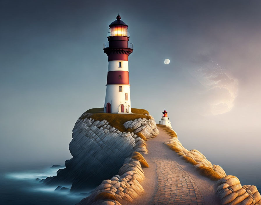 Lighthouses on rocky cliffs under twilight sky