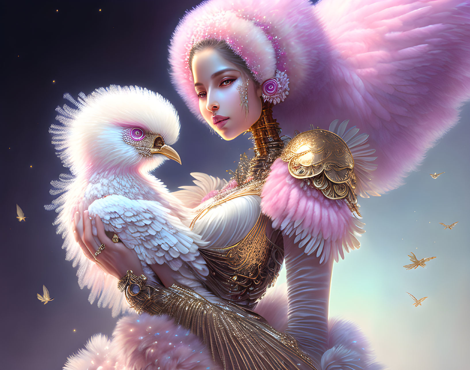 Fantastical portrait of woman in gold armor with pink feathered creature on arm.