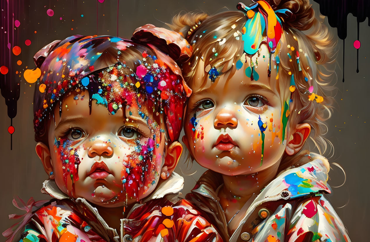 Children with colorful paint splatter on faces and clothes