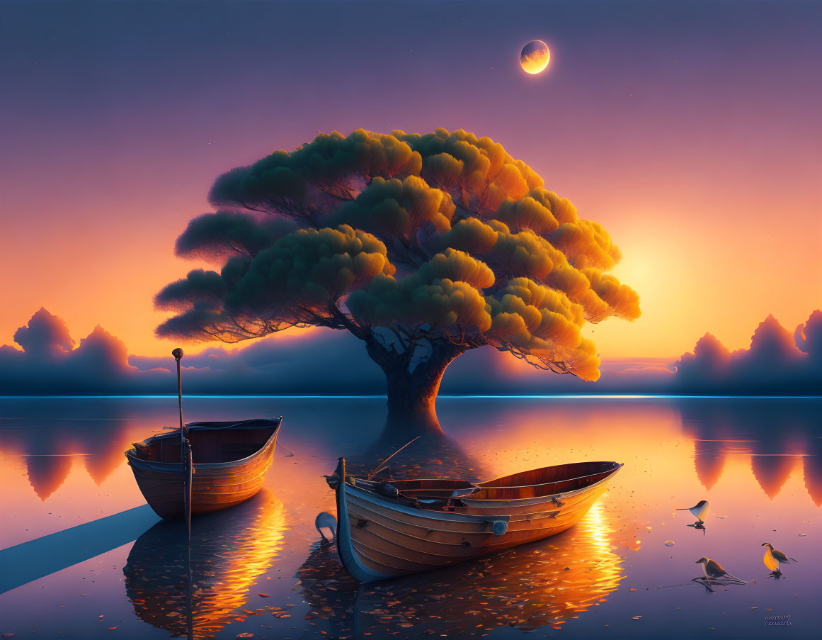 Tranquil sunset lake with boats, tree, moon, and birds