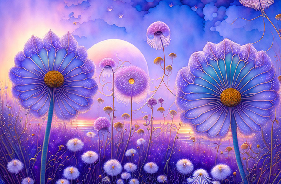 Colorful digital artwork: Stylized oversized flowers on purple fantasy backdrop