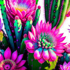 Pink cactus flowers blooming among green cacti on white background