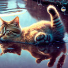 Orange Tabby Cat Artwork: Paw touching water, creating ripples & droplets