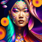 Vibrant digital artwork: Woman with patterned face paint among stylized floral shapes