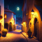 Charming alley night scene with cobblestone pavement and old-fashioned street lamps