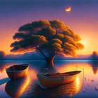 Tranquil sunset lake with boats, tree, moon, and birds