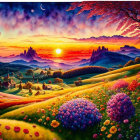 Colorful landscape with yellow hills, purple flowers, tree, rocks, and sunset sky.