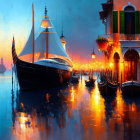 Vibrant Venetian dusk scene with gondolas, sailing ship, lanterns, and