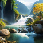 Surreal landscape with yellow trees, smooth stones, quaint houses, and waterfalls