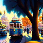 Vintage street scene at sunset with colorful trams and elegantly dressed crowds.