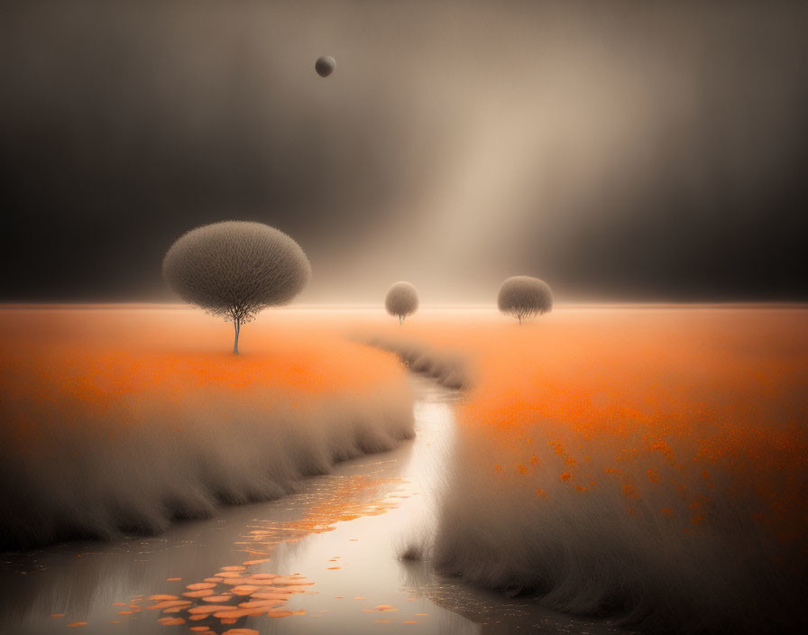 Round trees on orange field with winding path near water under hazy sky.