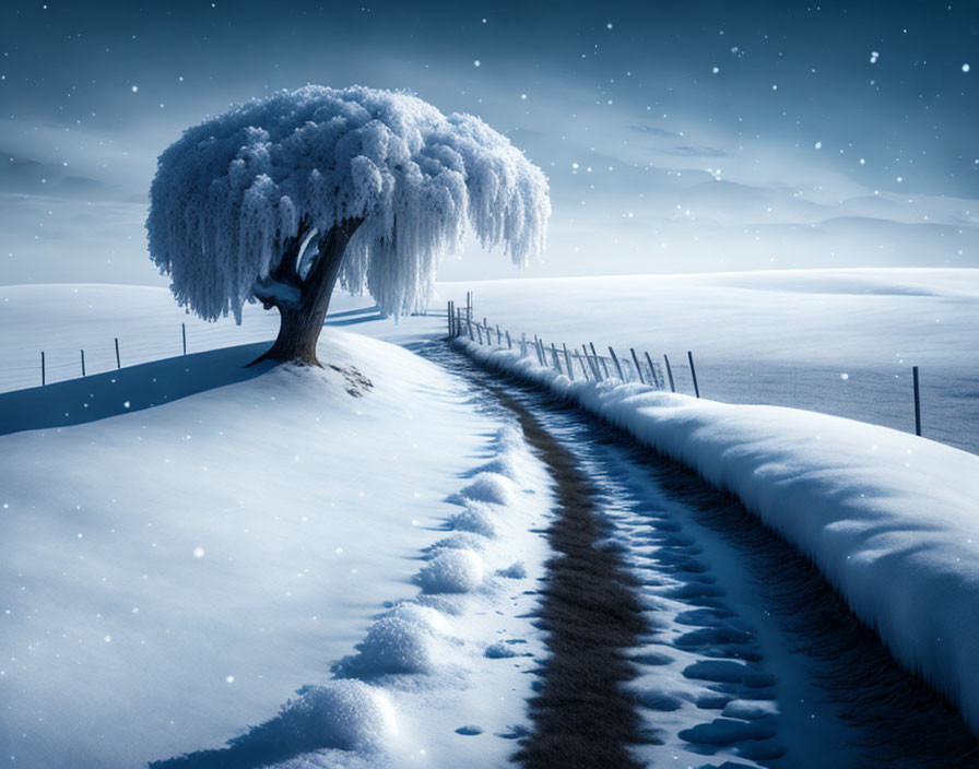 Snow-covered tree in serene winter landscape at night