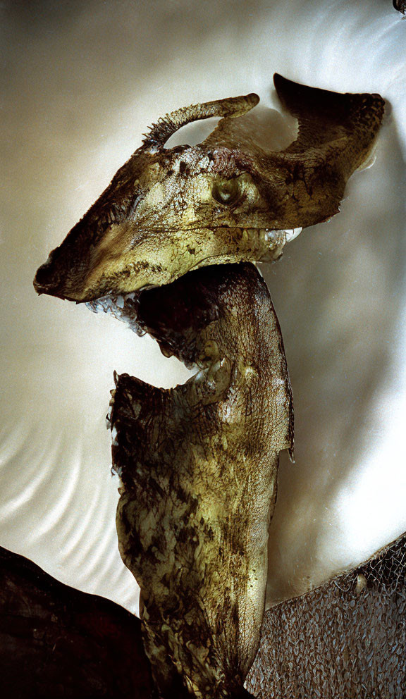 Preserved fish head with teeth and scales on light background