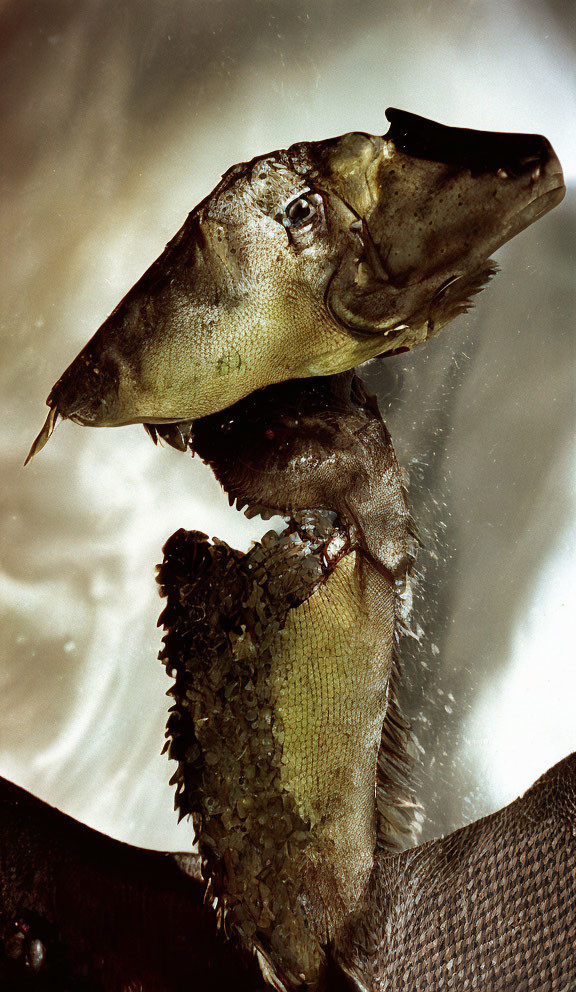 Preserved fish specimen with exposed head and scales on light background